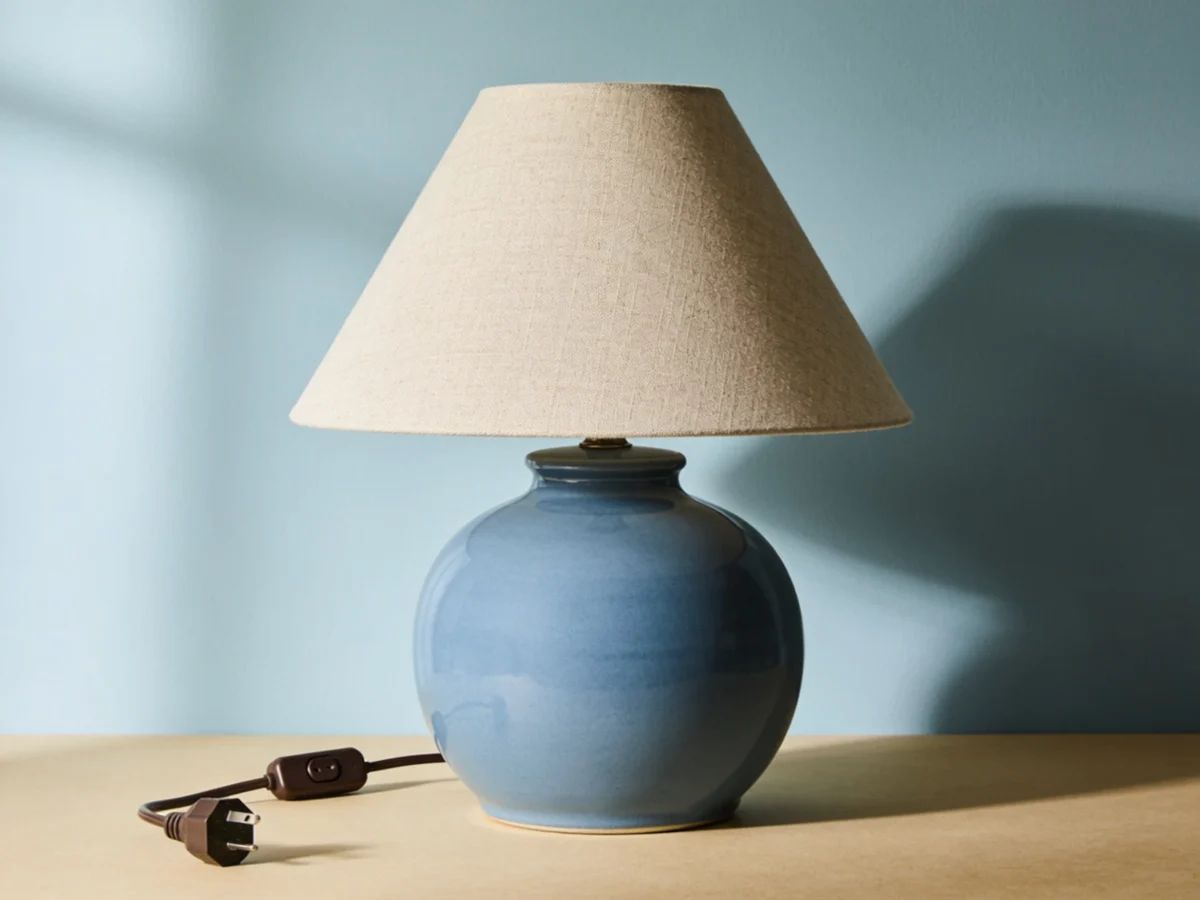 Pebble Linen Lamp — Mineral-blue ceramic / oat linen