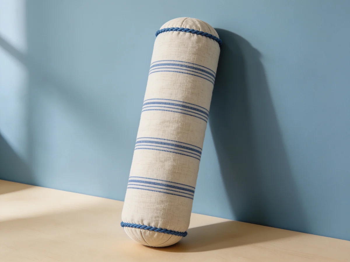 Corded Cotton Bolster — Oat / mineral-blue woven stripe
